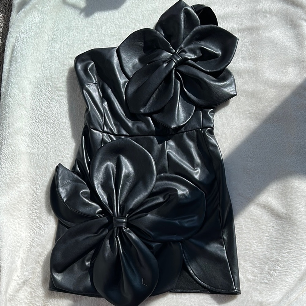 Black Faux Leather Mini Dress with Oversized Flowers